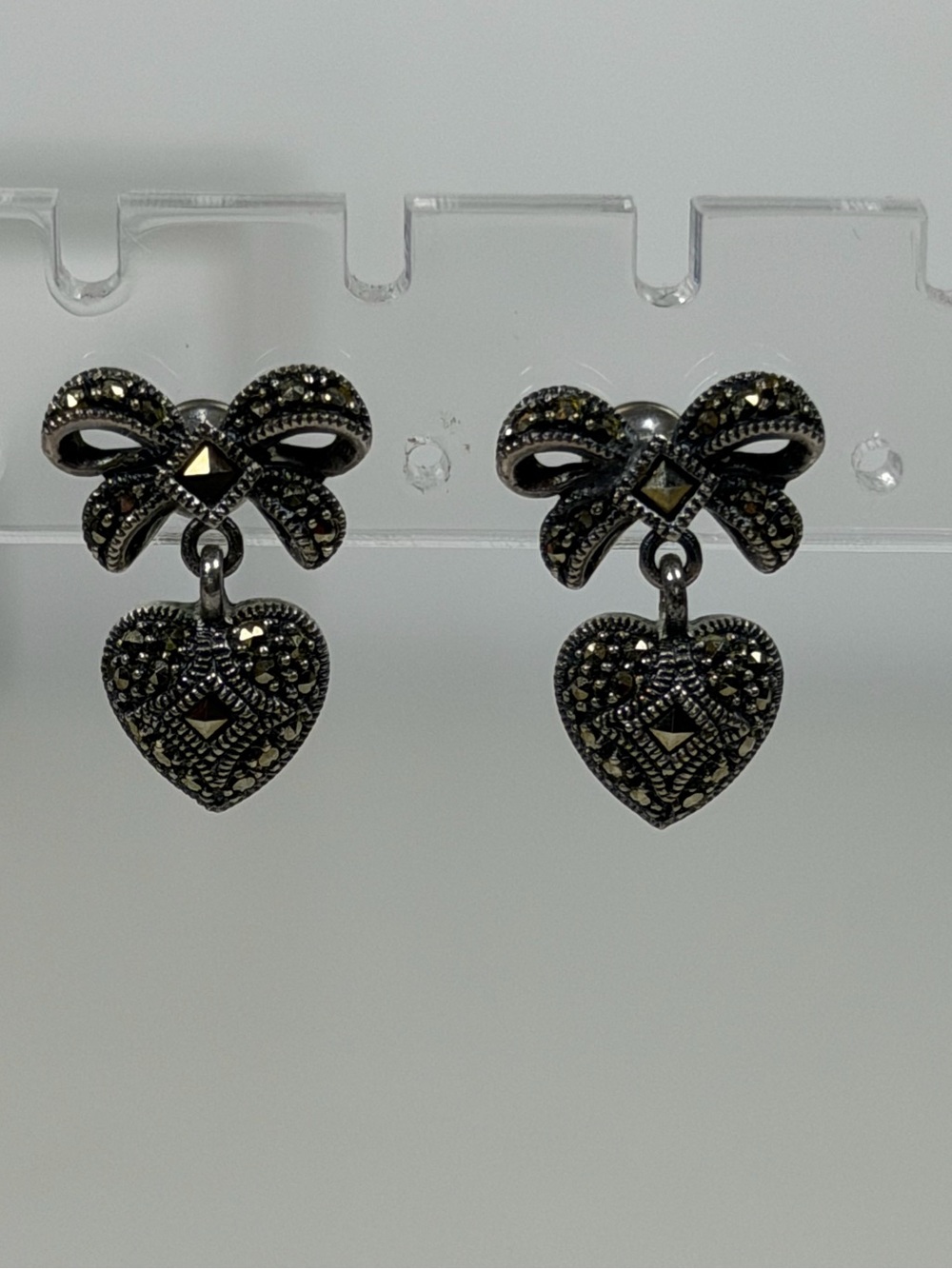 Vintage Sterling Silver Heart With Bow‎ Marcasite Earrings